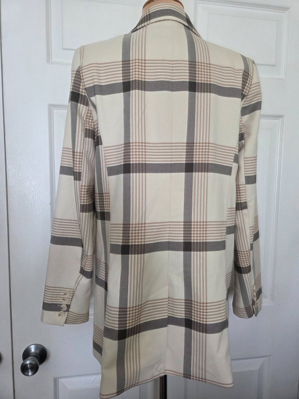 Plaid Double-Breasted Blazer Jacket in Cream - Picture 3 of 16